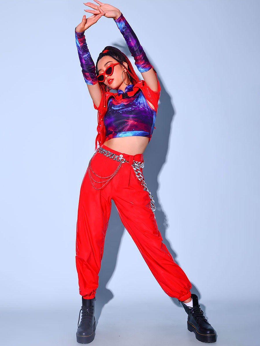Trajes de baile de hip hop de pantalones superiores de mujer roja para adultos Traje de baile callejero de cuero de - Milanoo.com