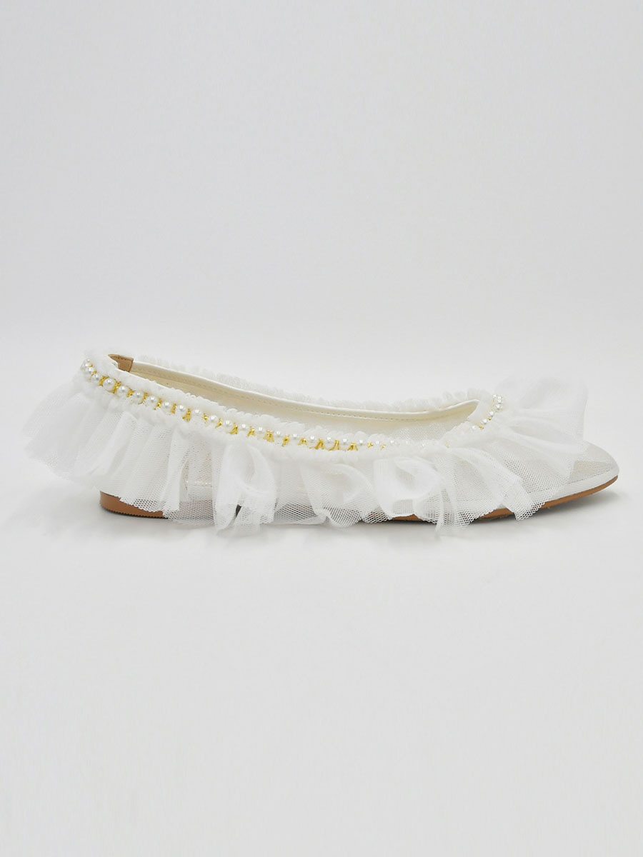 Shoes Occasion Shoes | Women's Pearls Ruffle Mesh Flat Bridal Shoes Wedding Flats - WK22843