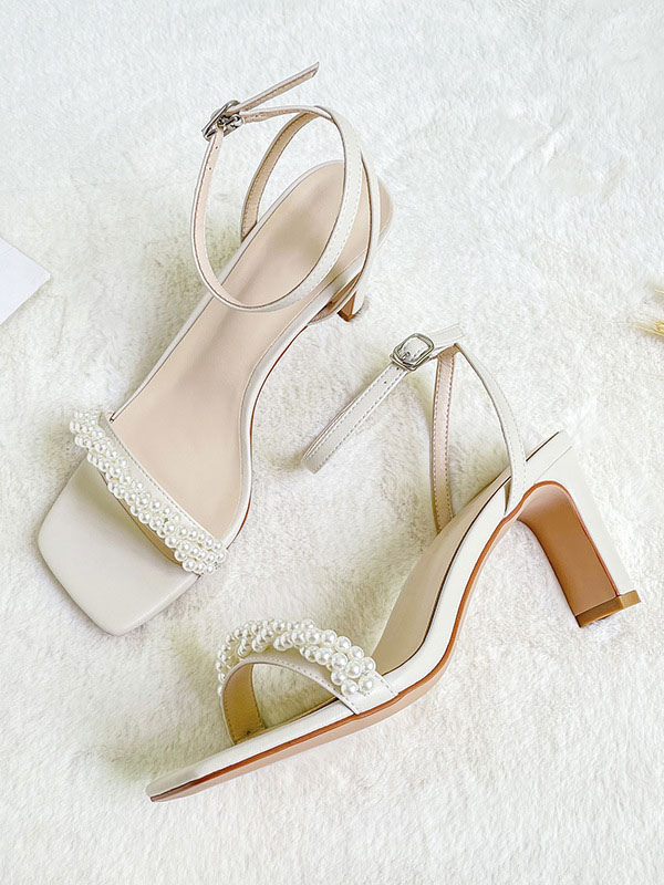 Shoes Occasion Shoes | Women's Ankle Strap Chunky Heel Jeweled Bridal Sandals - EE94326