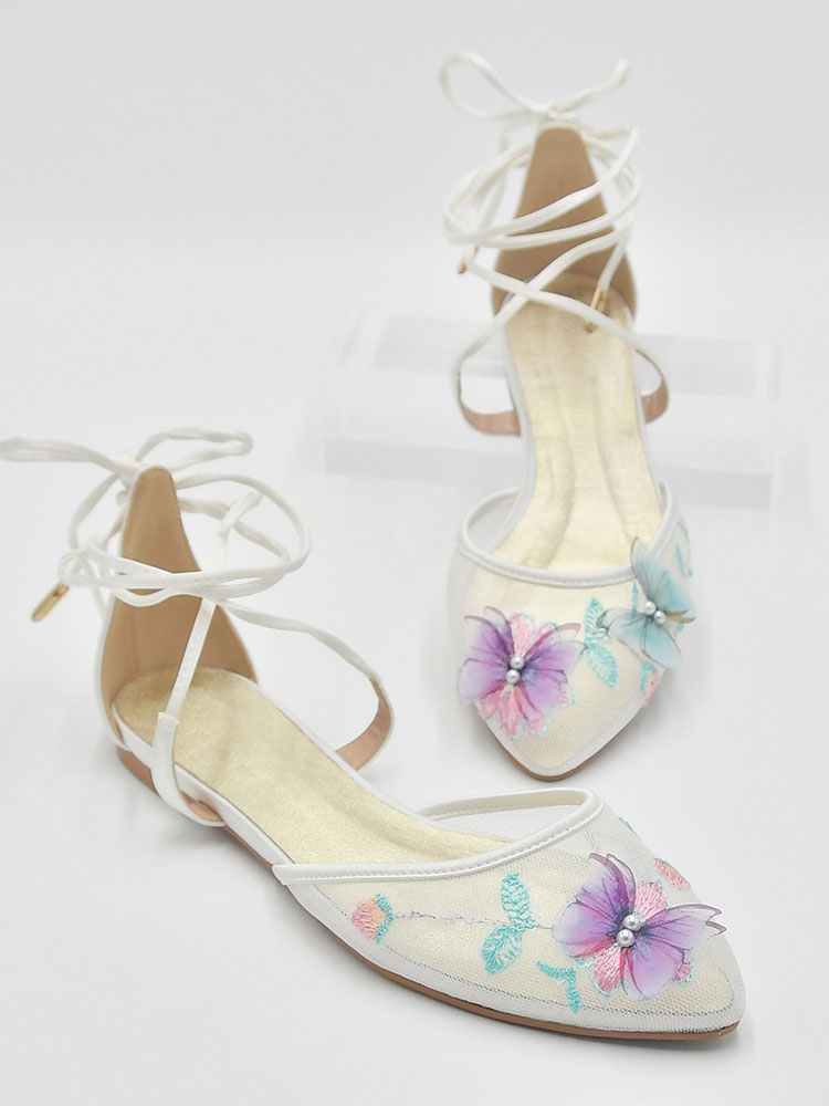 Shoes Occasion Shoes | Women's Mesh Flowers & Butterfly Embroidered Lace Up Flat Bridal Shoes - BQ86863