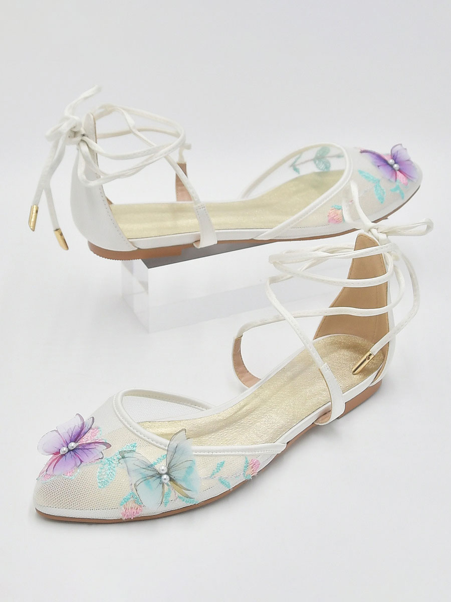 Shoes Occasion Shoes | Women's Mesh Flowers & Butterfly Embroidered Lace Up Flat Bridal Shoes - BQ86863