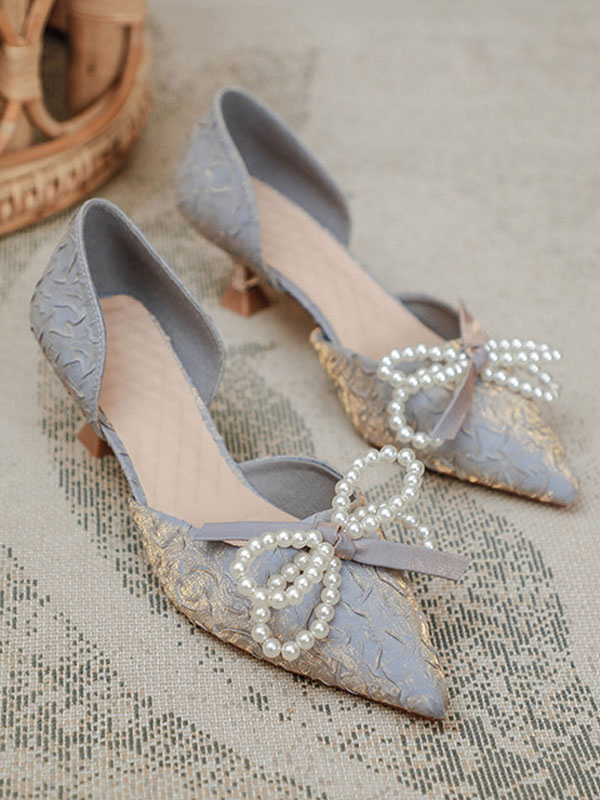 Shoes Occasion Shoes | Women's Textured Pearls Bow Kitten Heel Bridal Pumps - MJ11376