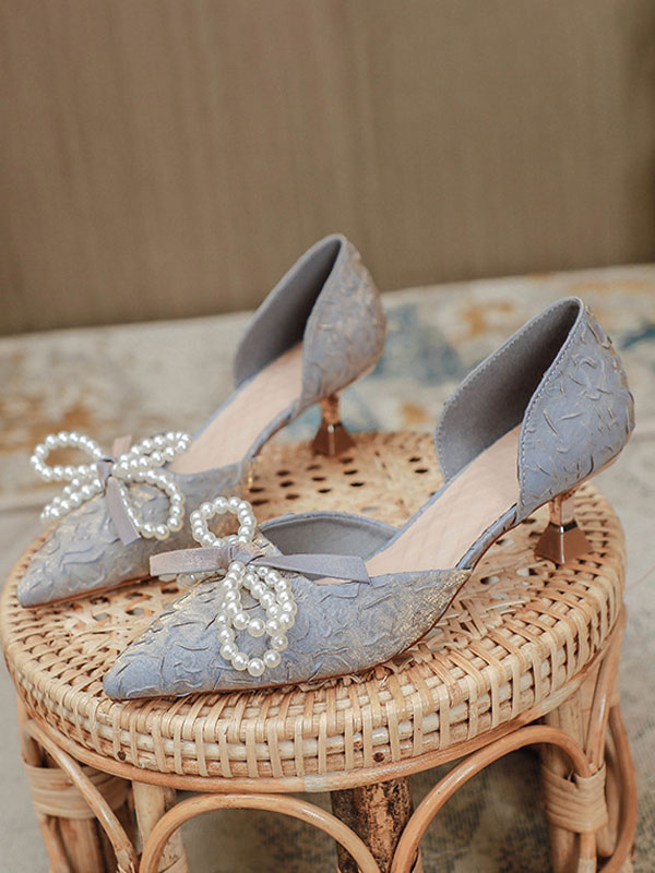 Shoes Occasion Shoes | Women's Textured Pearls Bow Kitten Heel Bridal Pumps - MJ11376