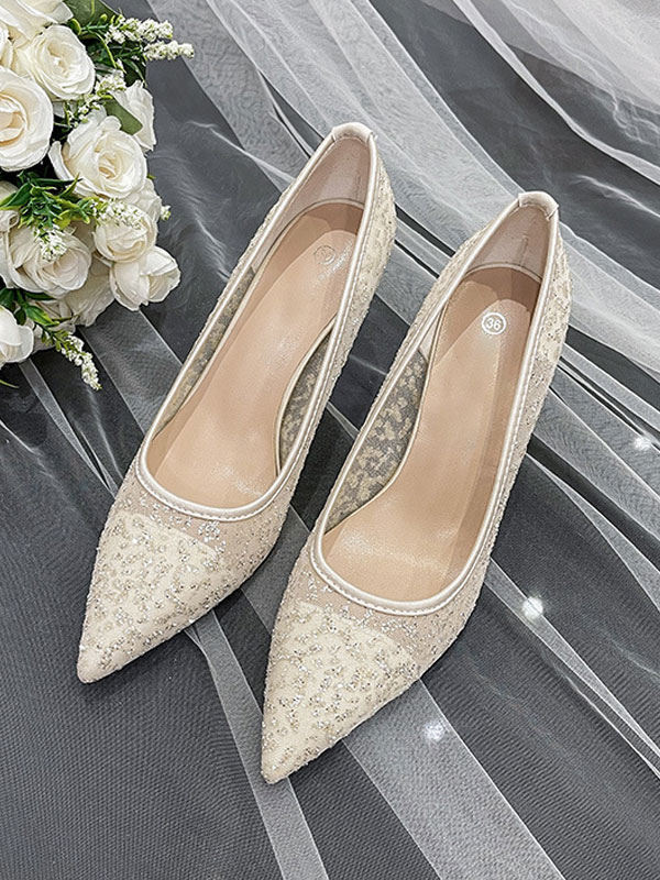 Shoes Occasion Shoes | Women's Sequined Mesh Bridal Heels Wedding Pumps - QU30916