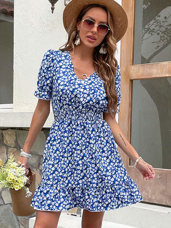 Moda Mujer Vestidos | Vestido de verano con cuello en V estampado floral azul corto vestido de playa - SJ48390