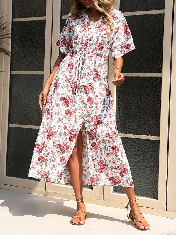Women's Clothing Dresses | Maxi Dress V-Neck Short Sleeves Tatting Classic Floral Print Floor Length Dress - YC68522