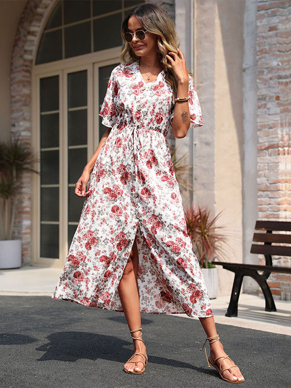 Women's Clothing Dresses | Maxi Dress V-Neck Short Sleeves Tatting Classic Floral Print Floor Length Dress - YC68522