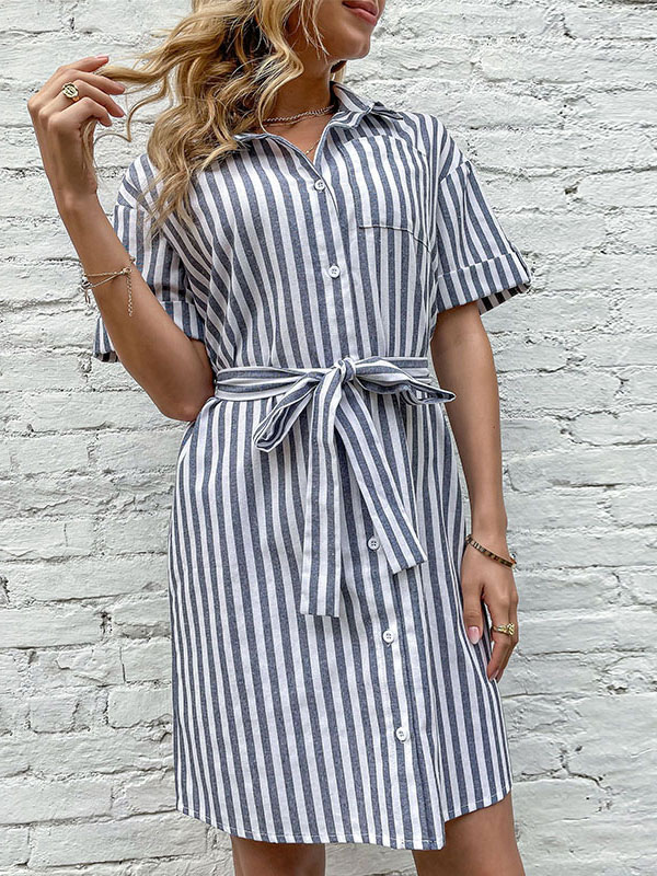 Women's Clothing Dresses | Stripes Lace Up Polyester Classic Turndown Collar Short Sleeves Midi Dress - RU81335