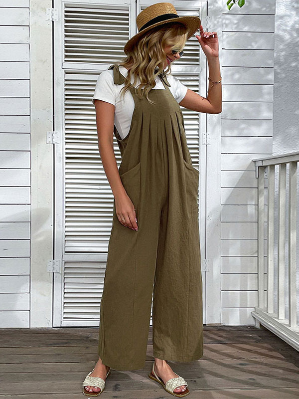 Women's Clothing Jumpsuits & Rompers | Hunter Green Bateau Neck Sleeveless Adjustable Straps Cotton Summer Jumpsuit - DB15634
