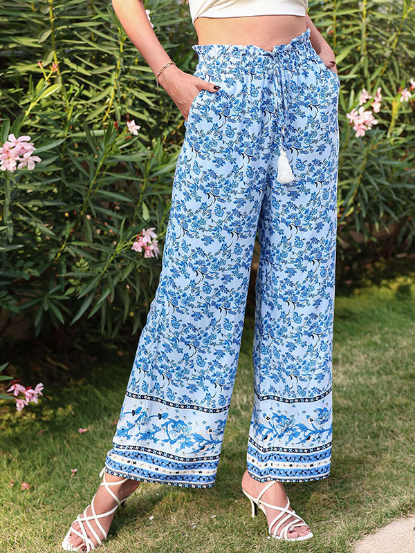 Women's Clothing Women's Bottoms | Pants Light Sky Blue Tatting Raised Waist Floral Print Trousers - MS58006