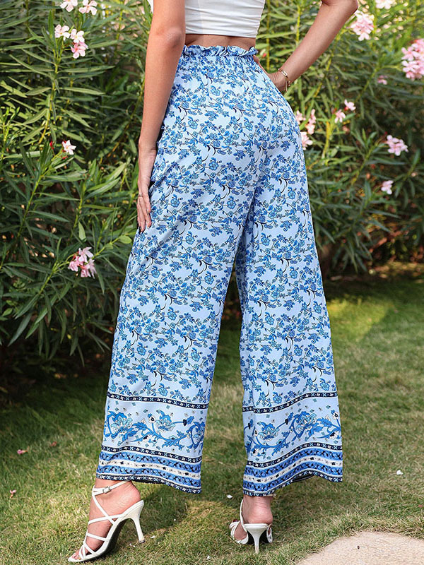 Women's Clothing Women's Bottoms | Pants Light Sky Blue Tatting Raised Waist Floral Print Trousers - MS58006