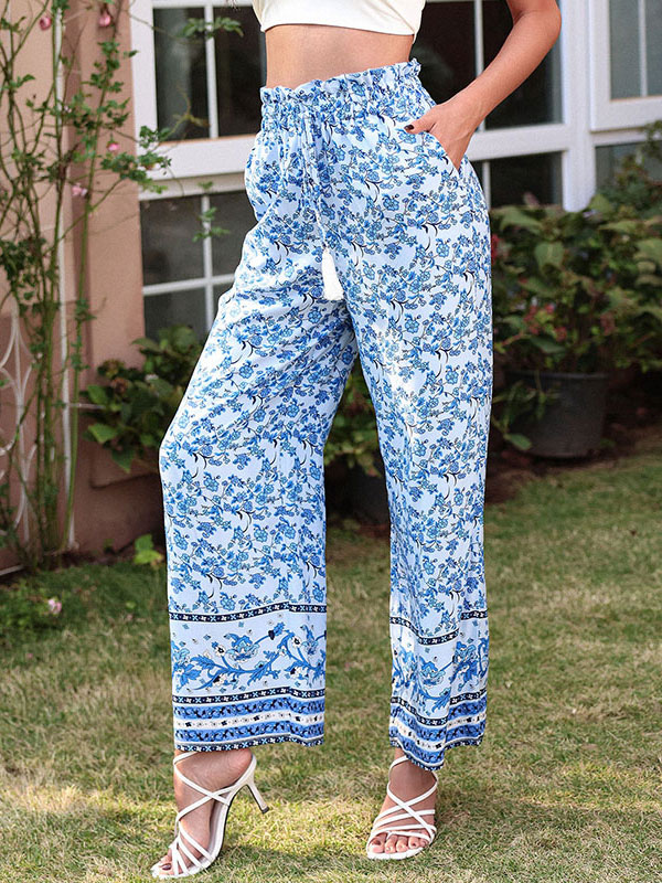 Women's Clothing Women's Bottoms | Pants Light Sky Blue Tatting Raised Waist Floral Print Trousers - MS58006