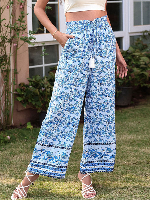 Women's Clothing Women's Bottoms | Pants Light Sky Blue Tatting Raised Waist Floral Print Trousers - MS58006