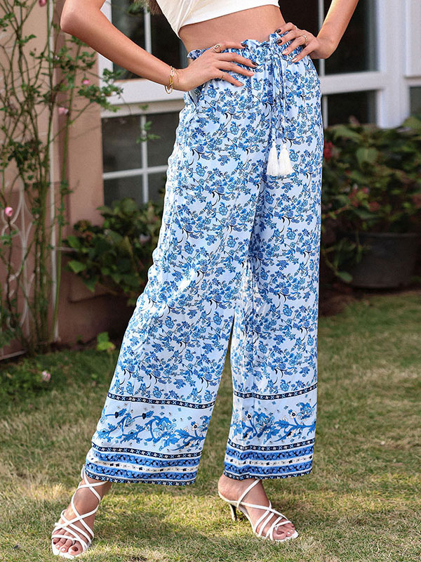 Women's Clothing Women's Bottoms | Pants Light Sky Blue Tatting Raised Waist Floral Print Trousers - MS58006