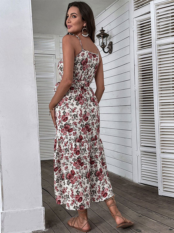 Women's Clothing Dresses | Floral Print Tatting Classic V-Neck Sleeveless Midi Dress - YV46391