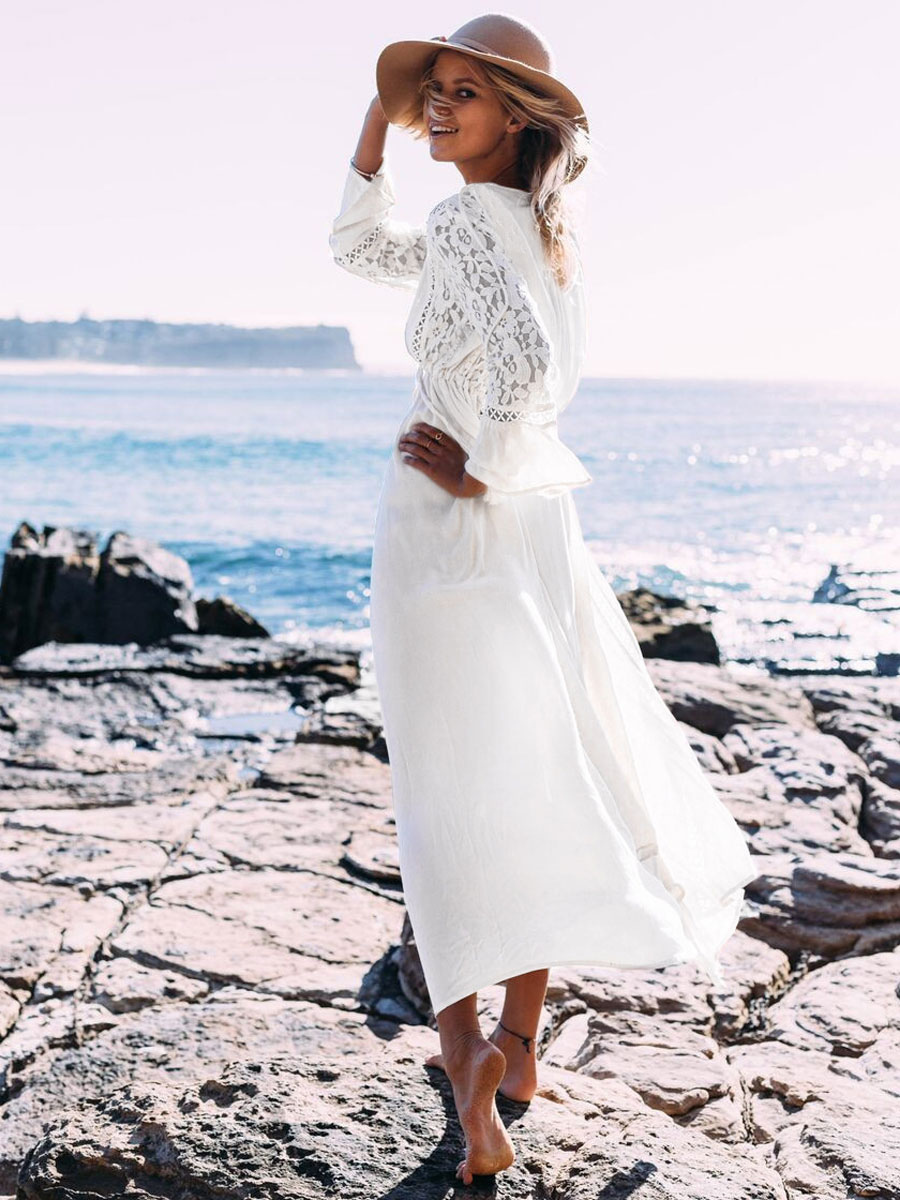 Mode Femme Maillot de Bain Femmes | Cover Ups Pour Femme Blanc Col V Manches Longues Polyester Summer Beach Maillots de Bain - CT94463