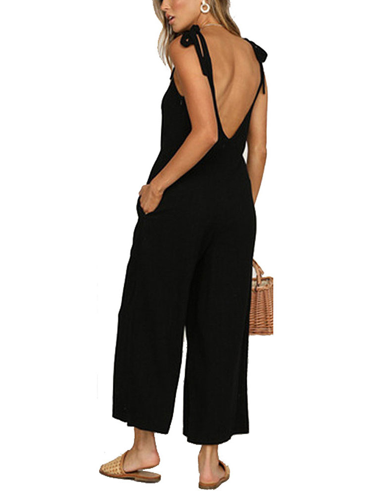 Women's Clothing Jumpsuits & Rompers | Black Straps Neck Sleeveless Polyester Summer Jumpsuit For Women - RM81892