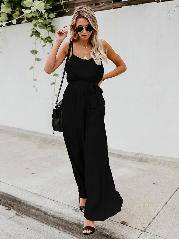 Women's Clothing Jumpsuits & Rompers | Black Straps Neck Sleeveless Polyester Summer Jumpsuit For Women - ST75261