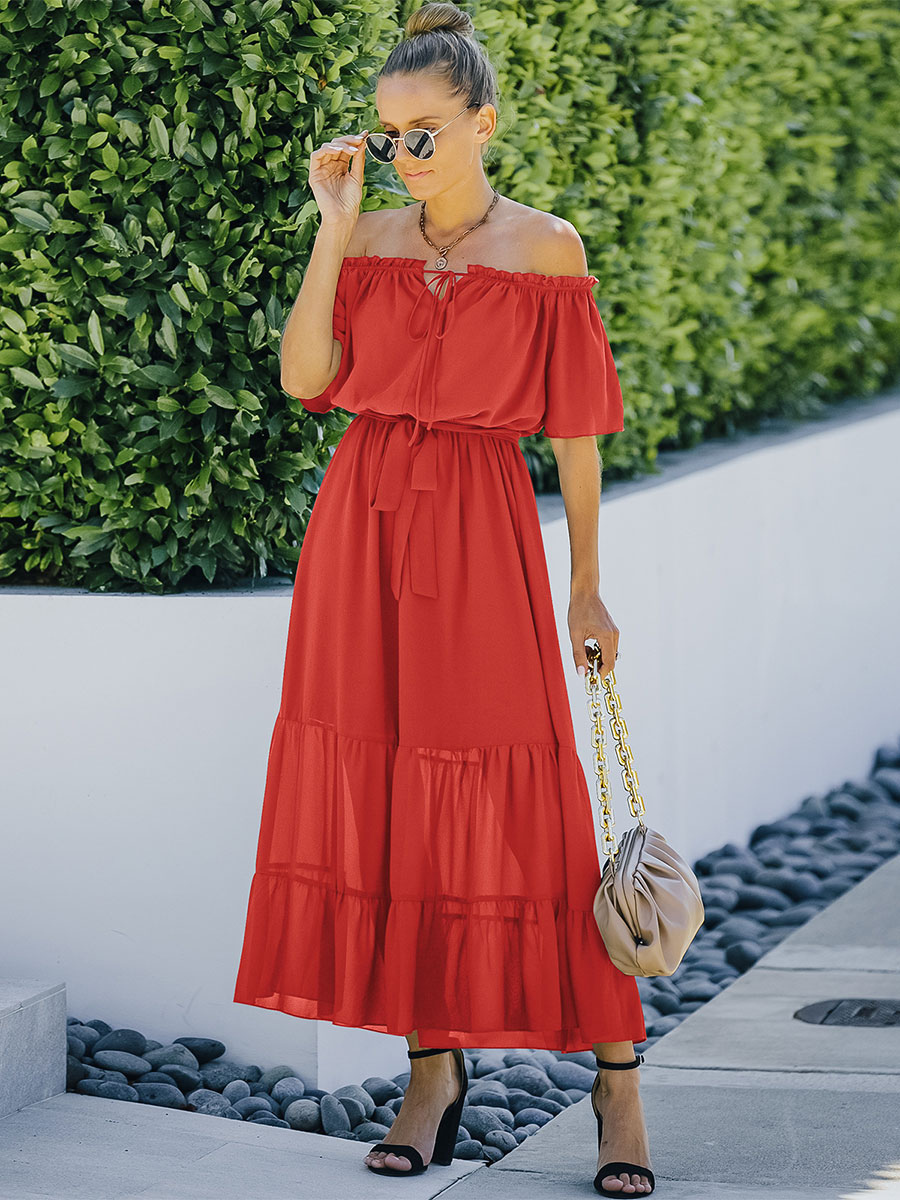 Women's Clothing Dresses | Bateau Neck Maxi Dress Short Sleeves Polyester Long Dress - CL76655