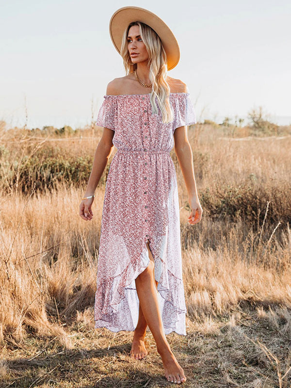 Women's Clothing Dresses | Maxi Dress Bateau Neck Short Sleeves Polyester Printed Long Dress - CS49731