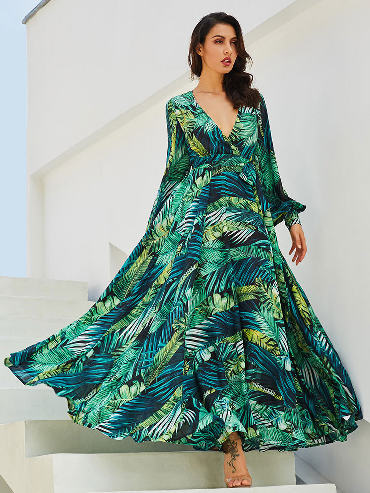 Robe Longue Imprime Femme a Col V avec Manches Longues Volantes Coupe Cintree Bas Evasee Robe Maxi