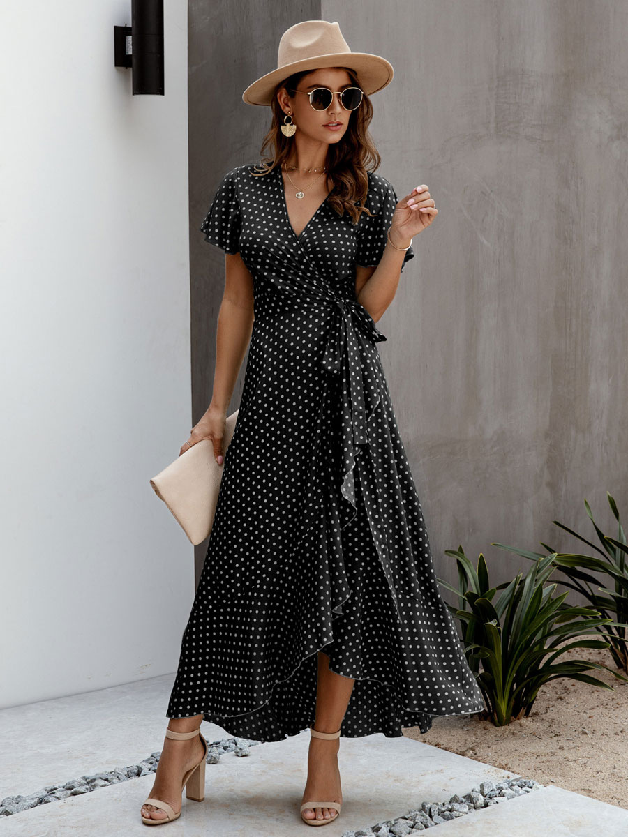 Women's Clothing Dresses | V-Neck Maxi Dress Short Sleeves Polyester Printed Long Dress - TG14603