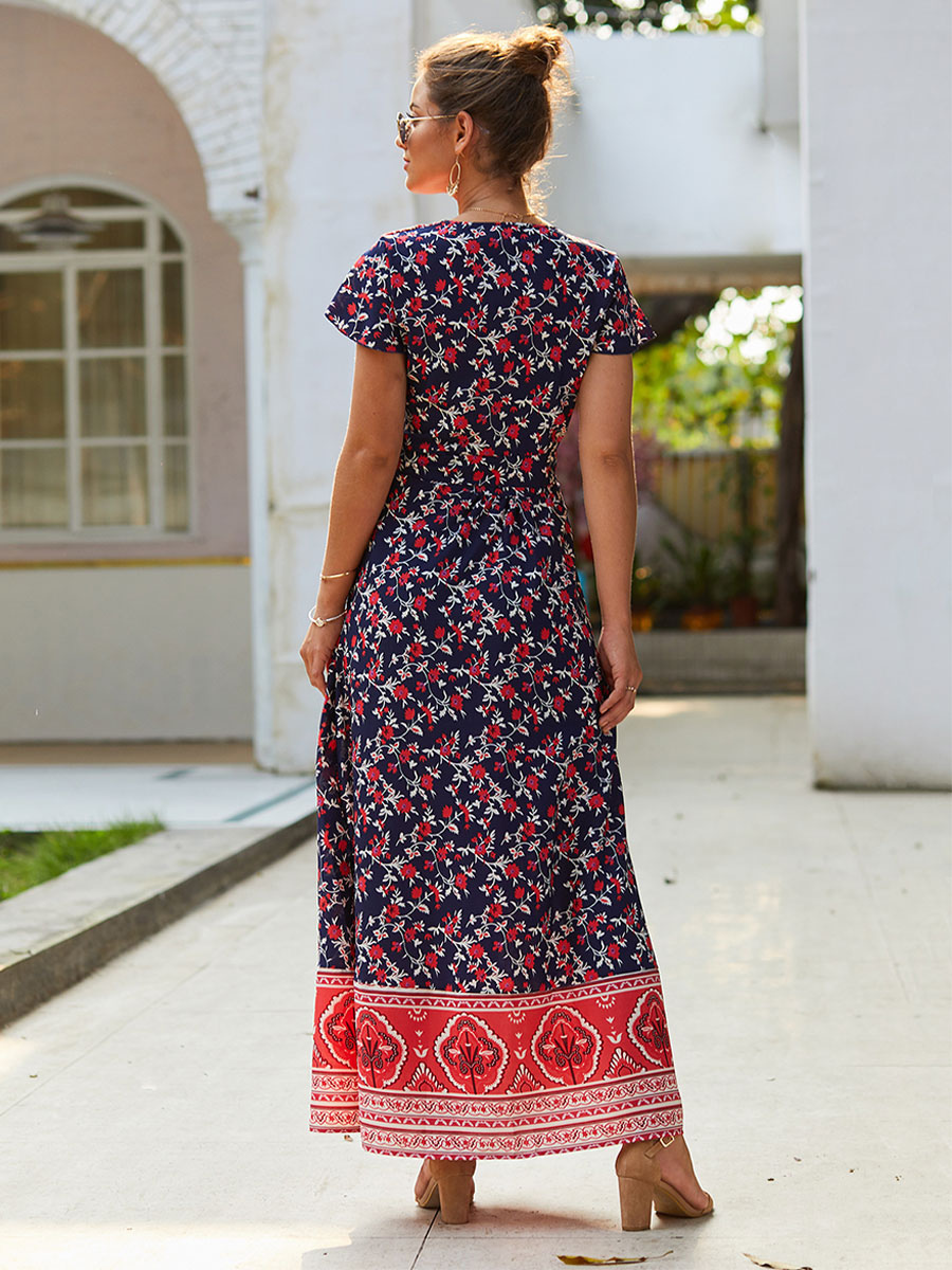 Women's Clothing Dresses | V-Neck Maxi Dress Short Sleeves Polyester Printed Long Dress - GW24432