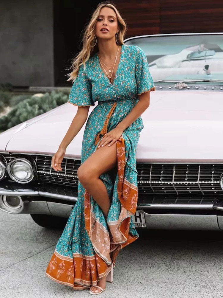 Mode Femme Robes | Robe Maxi Col V Manches Courtes Polyester Imprimé Robe Longue - XH67459