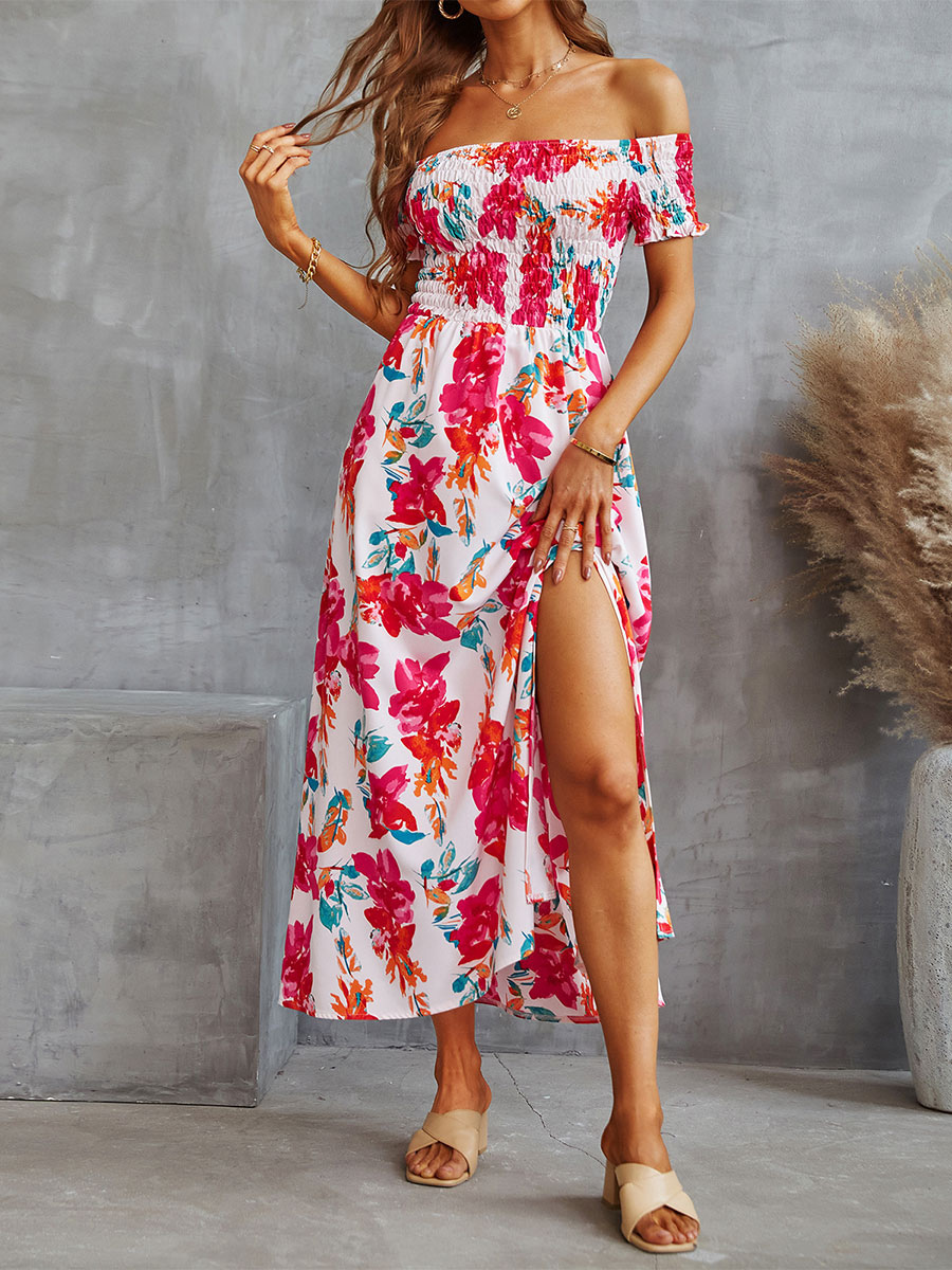 Women's Clothing Dresses | Maxi Dress Bateau Neck Short Sleeves Polyester Printed Floor Length Dress - EM92529