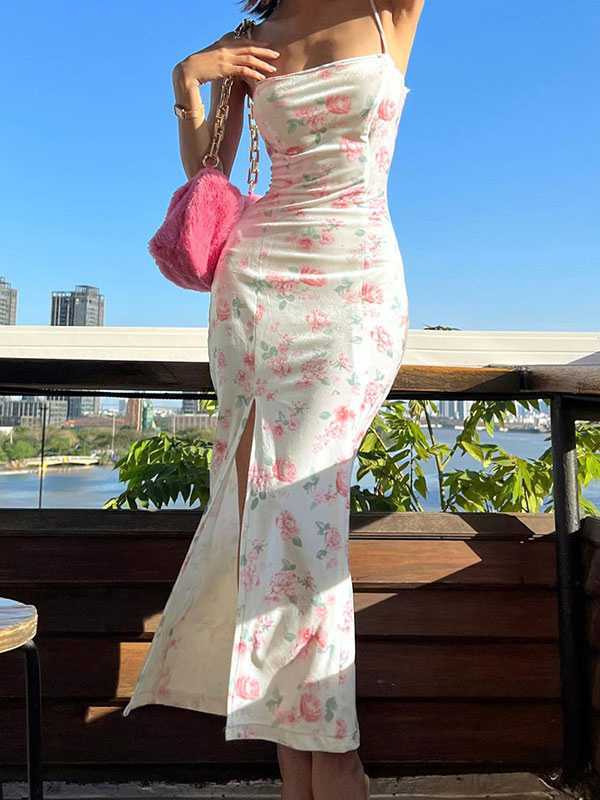 Women's Clothing Dresses | Bodycon Dresses Printed Pink Straps Neck Sexy Sleeveless Pencil Dress - WS98572