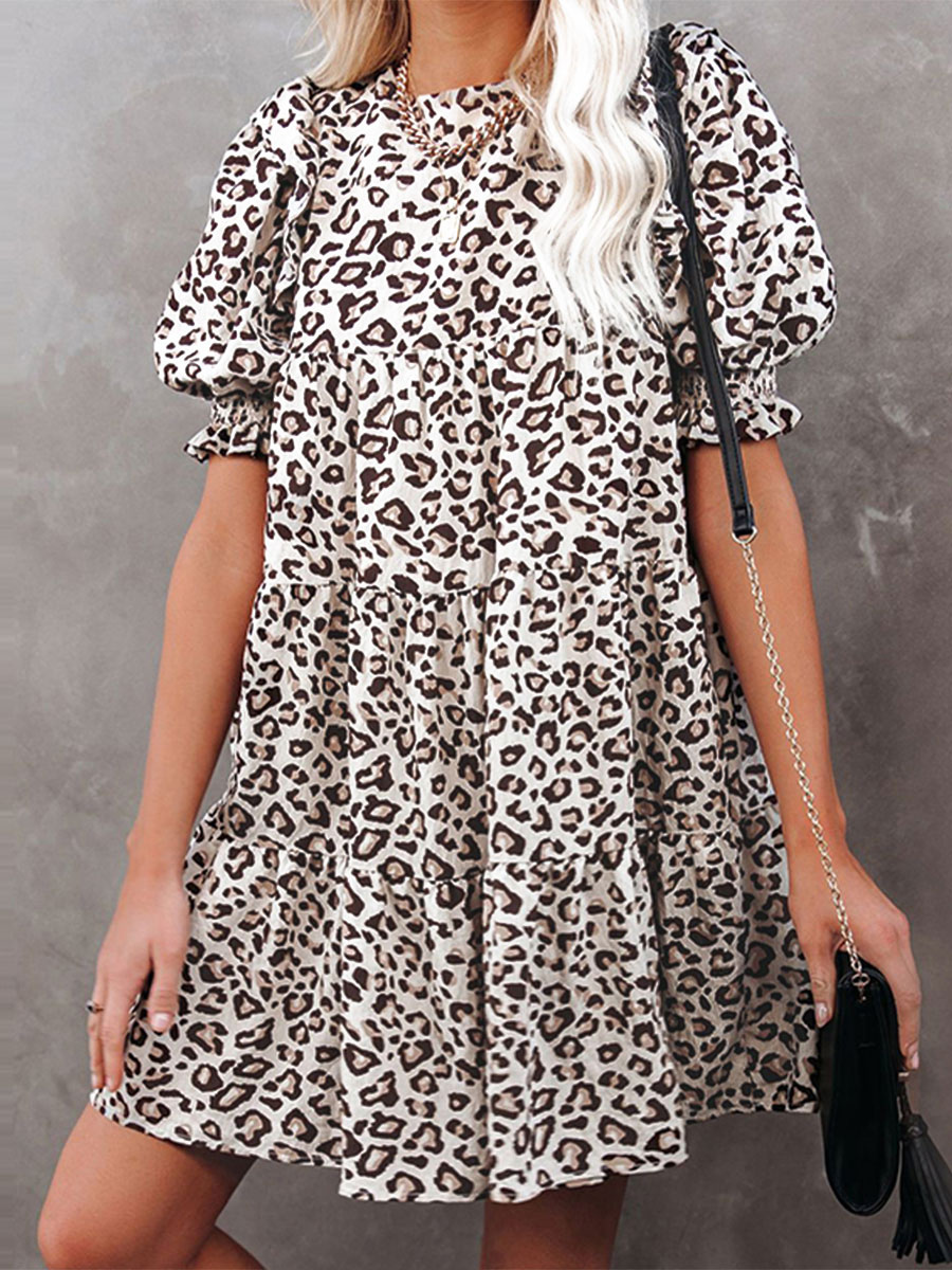 Women's Clothing Dresses | Summer Dress White Jewel Neck Leopard Print Polyester Beach Dress - NP03848