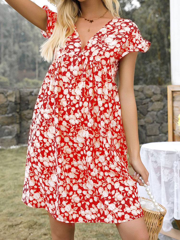 Women's Clothing Dresses | Summer Dress Red V-Neck Floral Print Polyester Beach Dress - LC65130