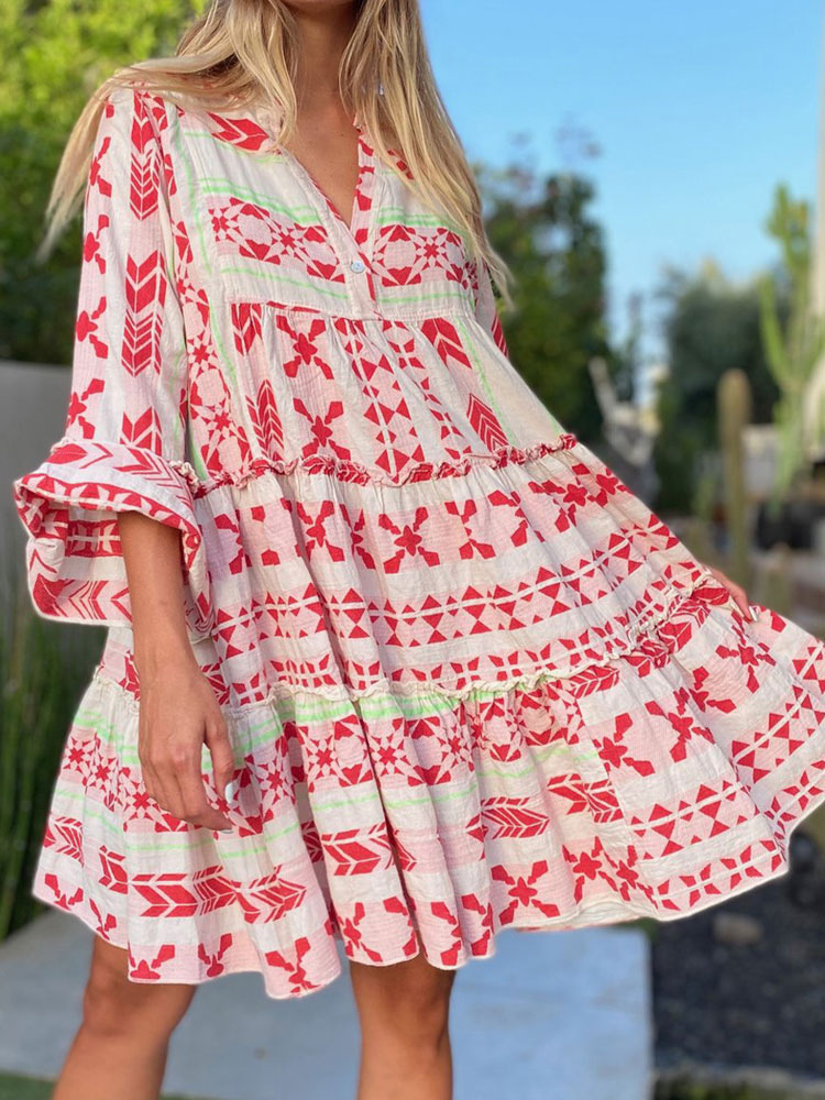 Women's Clothing Dresses | Summer Dress Red V-Neck Geometric Polyester Beach Dress - ME31584
