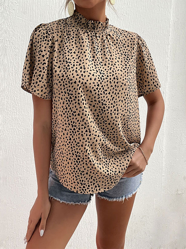 Women's Clothing Tops | Blouse For Women Khaki Tatting High Collar Classic Leopard Print Short Sleeves Tops - TU96028