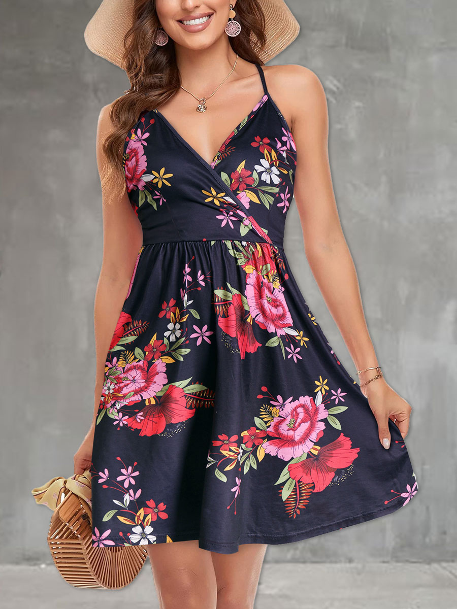 Women's Clothing Dresses | Summer Dress Straps Neck Printed Black Short Beach Dress - ZD16627