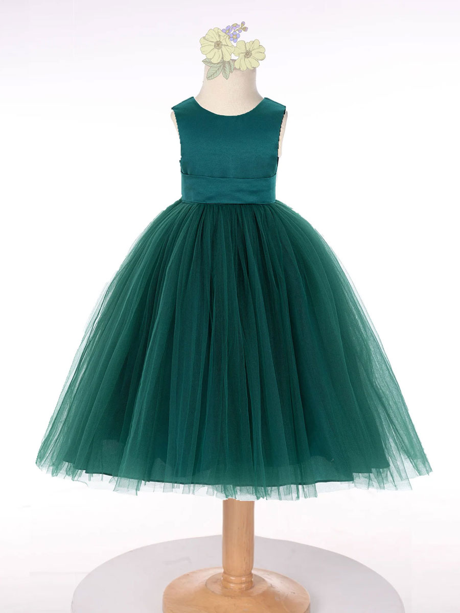 Wedding & Events Wedding Party Dresses | Dark Green Flower Girl Dress Tulle Bows Jewel Neck Sleeveless Kids Birthday Party Dress