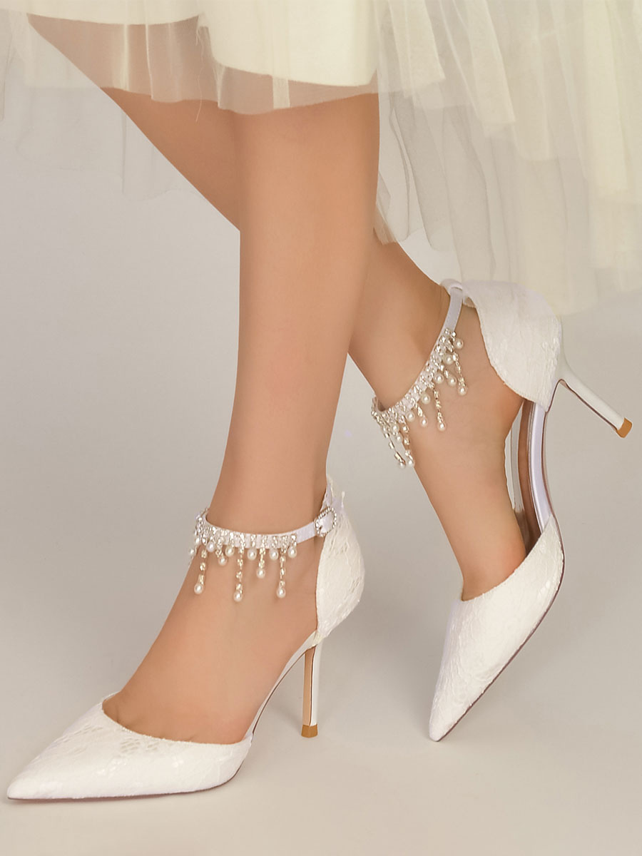 Shoes Occasion Shoes | Women's Bridal Shoes Pearls Lace Pointed Toe Stiletto Heel Bridal Shoes - XT90219