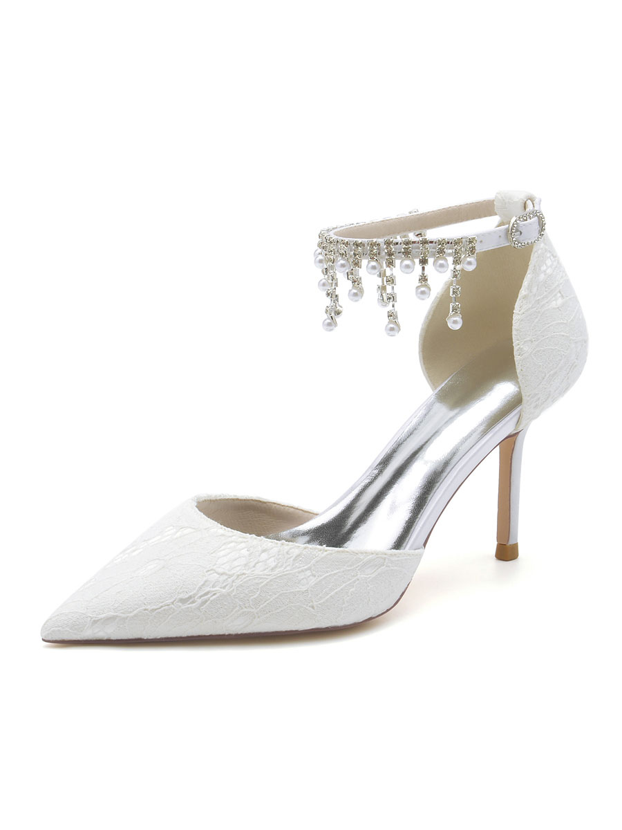 Shoes Occasion Shoes | Women's Bridal Shoes Pearls Lace Pointed Toe Stiletto Heel Bridal Shoes - XT90219