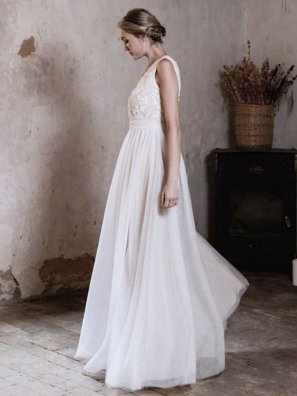 Wedding & Events Wedding Dresses | Simple Wedding Dress Polyester V-Neck Sleeveless Lace A-Line Bridal Gowns - CX26965