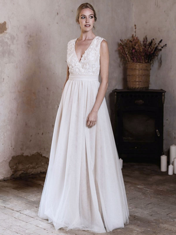 Wedding & Events Wedding Dresses | Simple Wedding Dress Polyester V-Neck Sleeveless Lace A-Line Bridal Gowns - CX26965