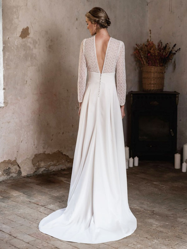 Wedding & Events Wedding Dresses | Simple Wedding Dress A-Line V-Neck Long Sleeves Lace Bridal Dresses - LC30321