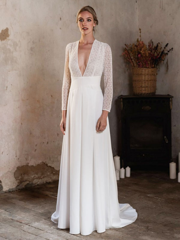 Wedding & Events Wedding Dresses | Simple Wedding Dress A-Line V-Neck Long Sleeves Lace Bridal Dresses - LC30321