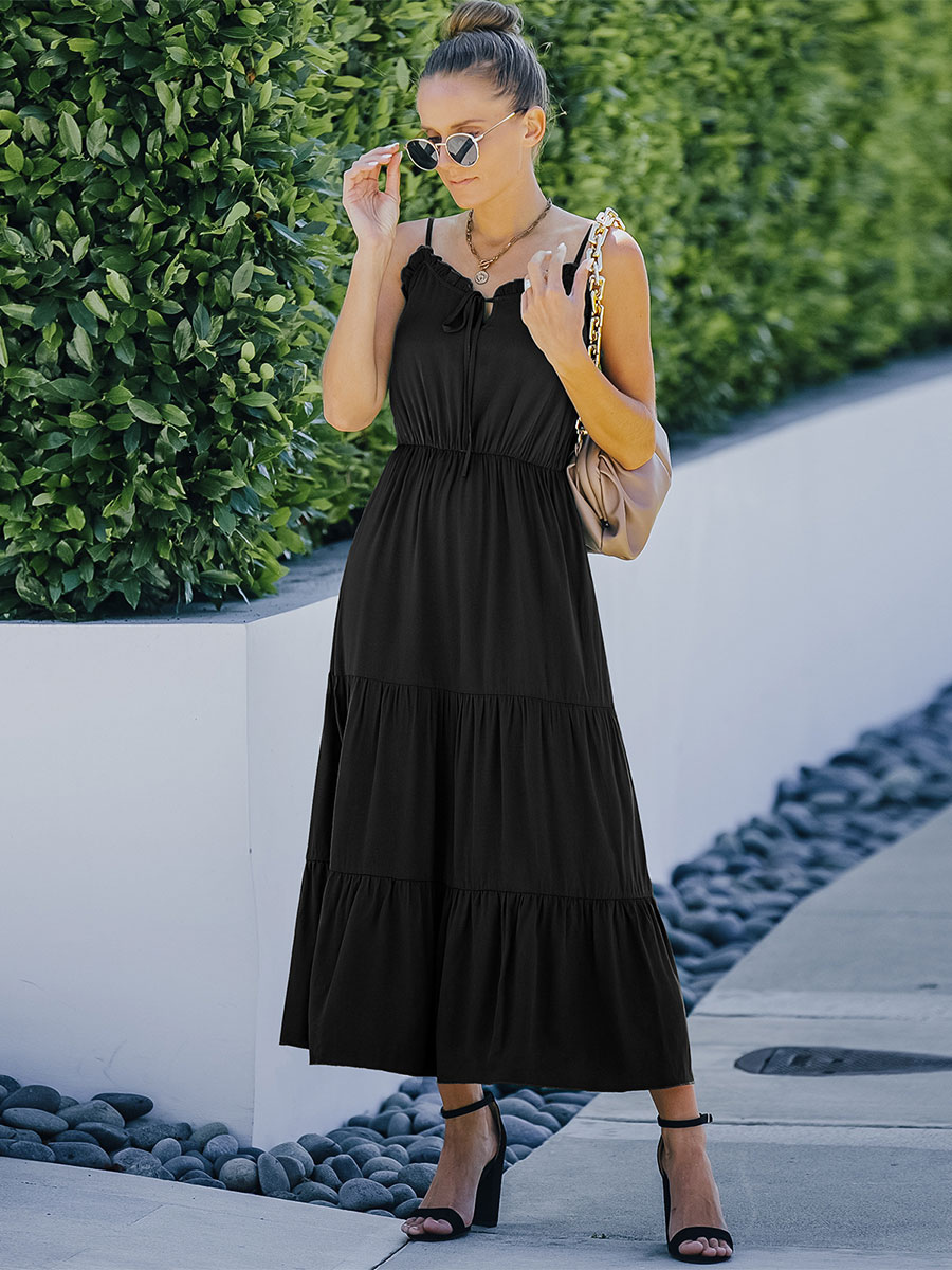 Women's Clothing Dresses | Maxi Dress Straps Neck Sleeveless Polyester Floor Length Dress - PW07187