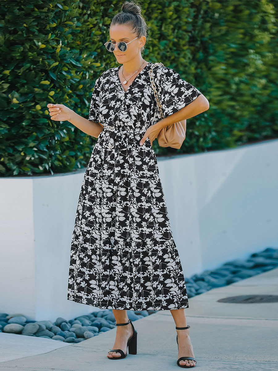 Women's Clothing Dresses | Maxi Dress V-Neck Short Sleeves Polyester Printed Floor Length Dress - EB68988