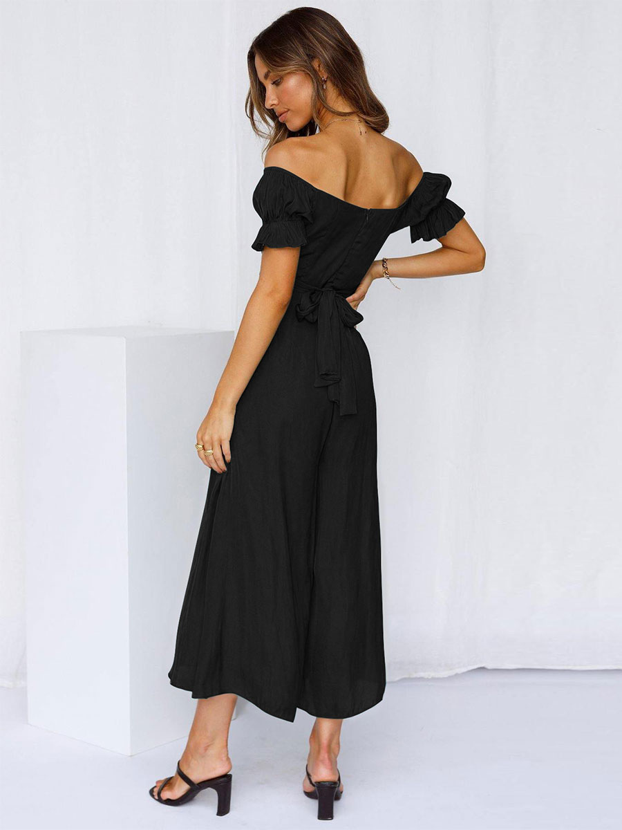 Women's Clothing Jumpsuits & Rompers | Black Bateau Neck Short Sleeves Polyester Summer Playsuit - XM40093