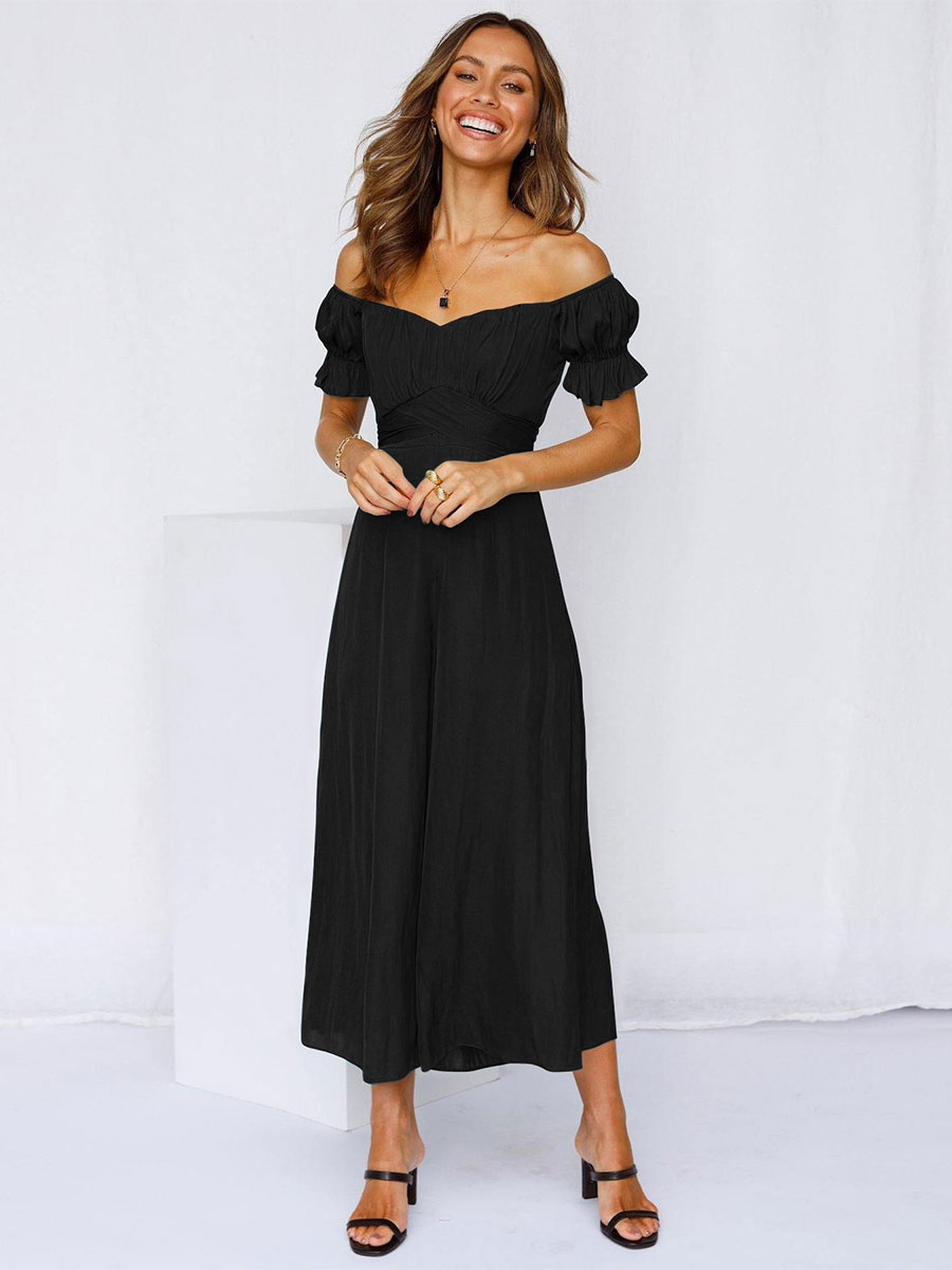Women's Clothing Jumpsuits & Rompers | Black Bateau Neck Short Sleeves Polyester Summer Playsuit - XM40093