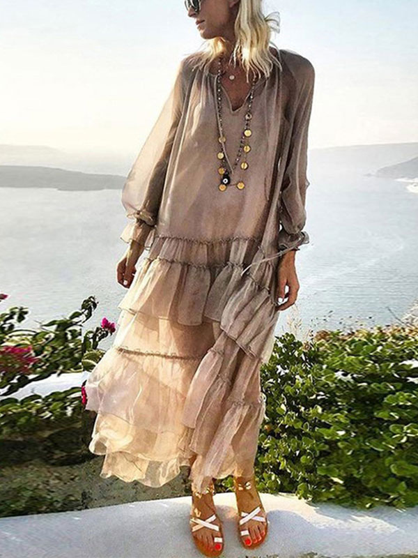 Women's Clothing Dresses | Boho Dress V-Neck Long Sleeves Beach Dress - WI82392