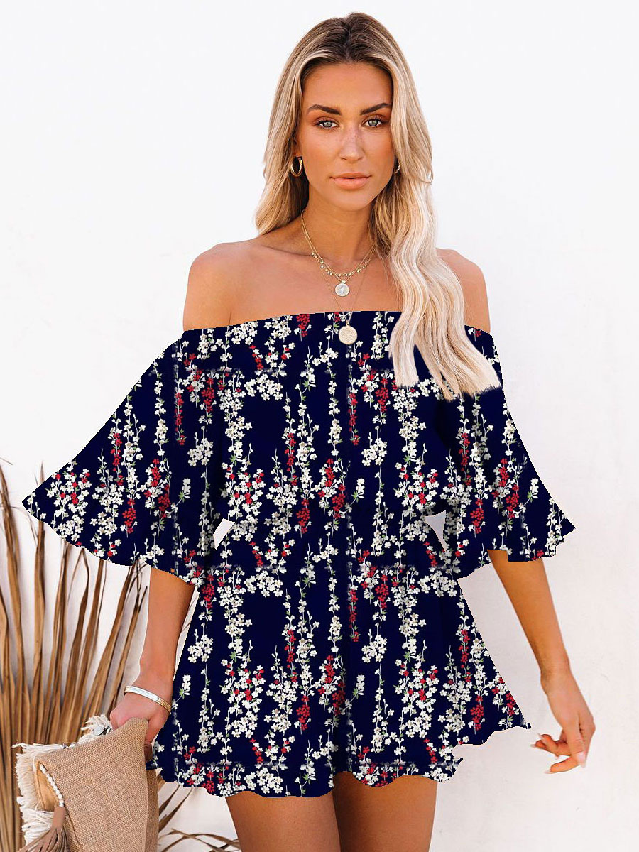Women's Clothing Jumpsuits & Rompers | Blue Bateau Neck Half Sleeves Polyester Summer One Piece Outfit - DG86249