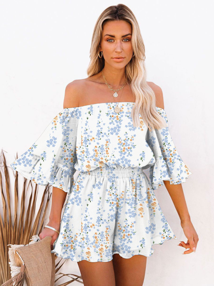 Women's Clothing Jumpsuits & Rompers | Blue Bateau Neck Half Sleeves Polyester Summer One Piece Outfit - DG86249