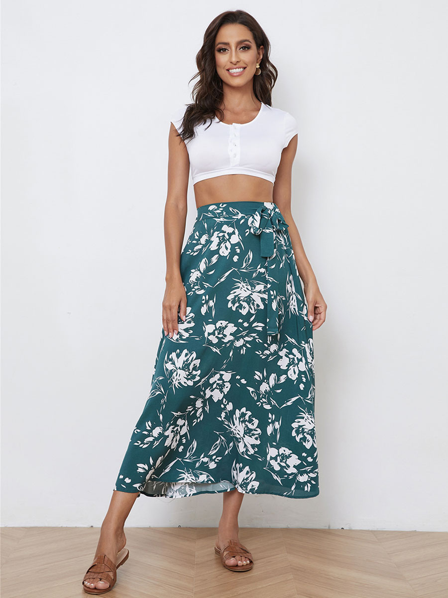 Women's Clothing Women's Bottoms | Skirt For Women Blue Green Floral Print Polyester Autumn And Winter Women Bottoms - XV12066